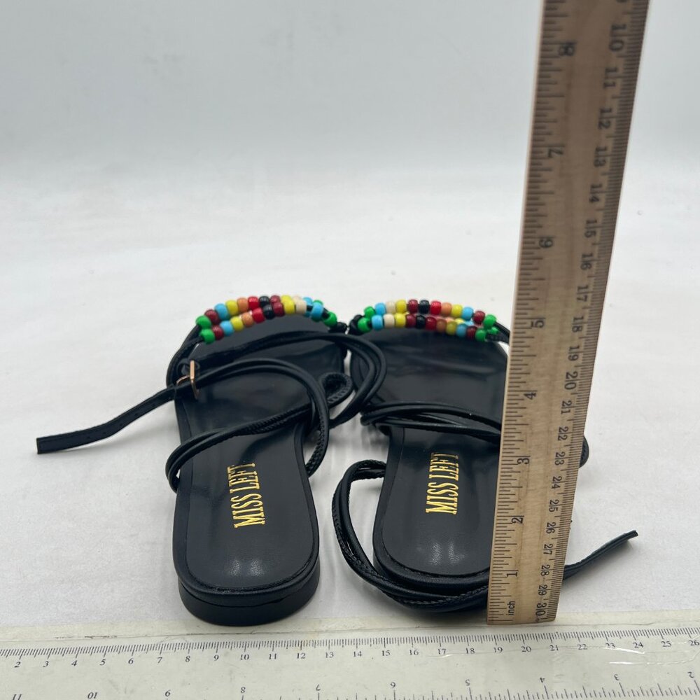 miss left Black Beaded Flat Sandals for Women Ankle Strap Open Toe Slide Sandals - Picture 5 of 8